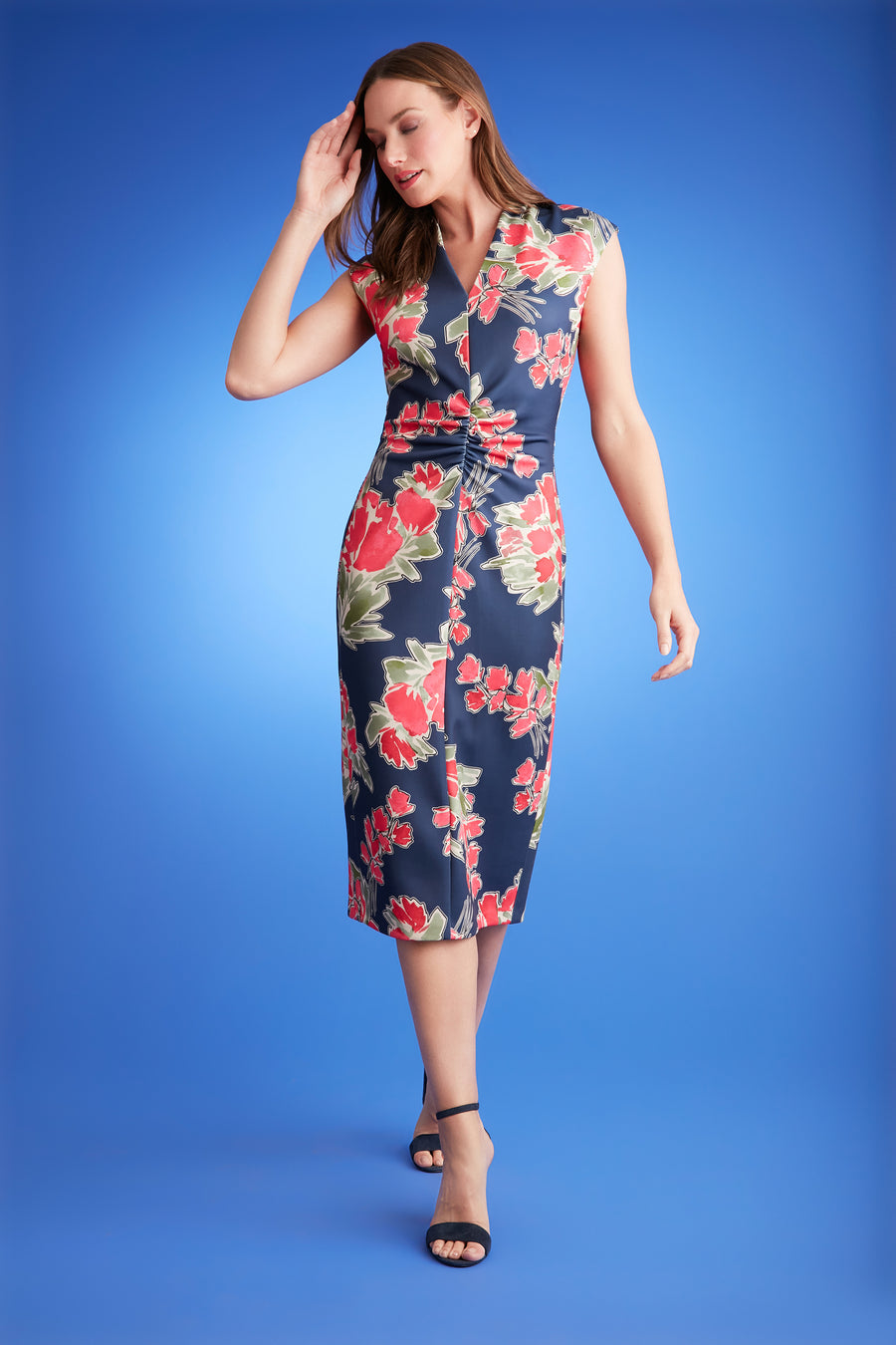 Ext Shoulder V-Neck CF Ruched Midi Dress Maggy London Ext Shoulder V-Neck CF Ruched Midi Dress Maggy London