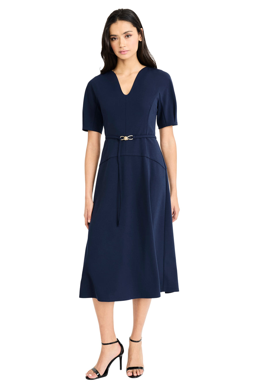Nathalia Belted V-Neck Midi Dress Fit and Flare | Maggy London NAVY BLAZER / Standard / 12 Nathalia Belted V-Neck Midi Dress Fit and Flare | Maggy London NAVY BLAZER / Standard / 12