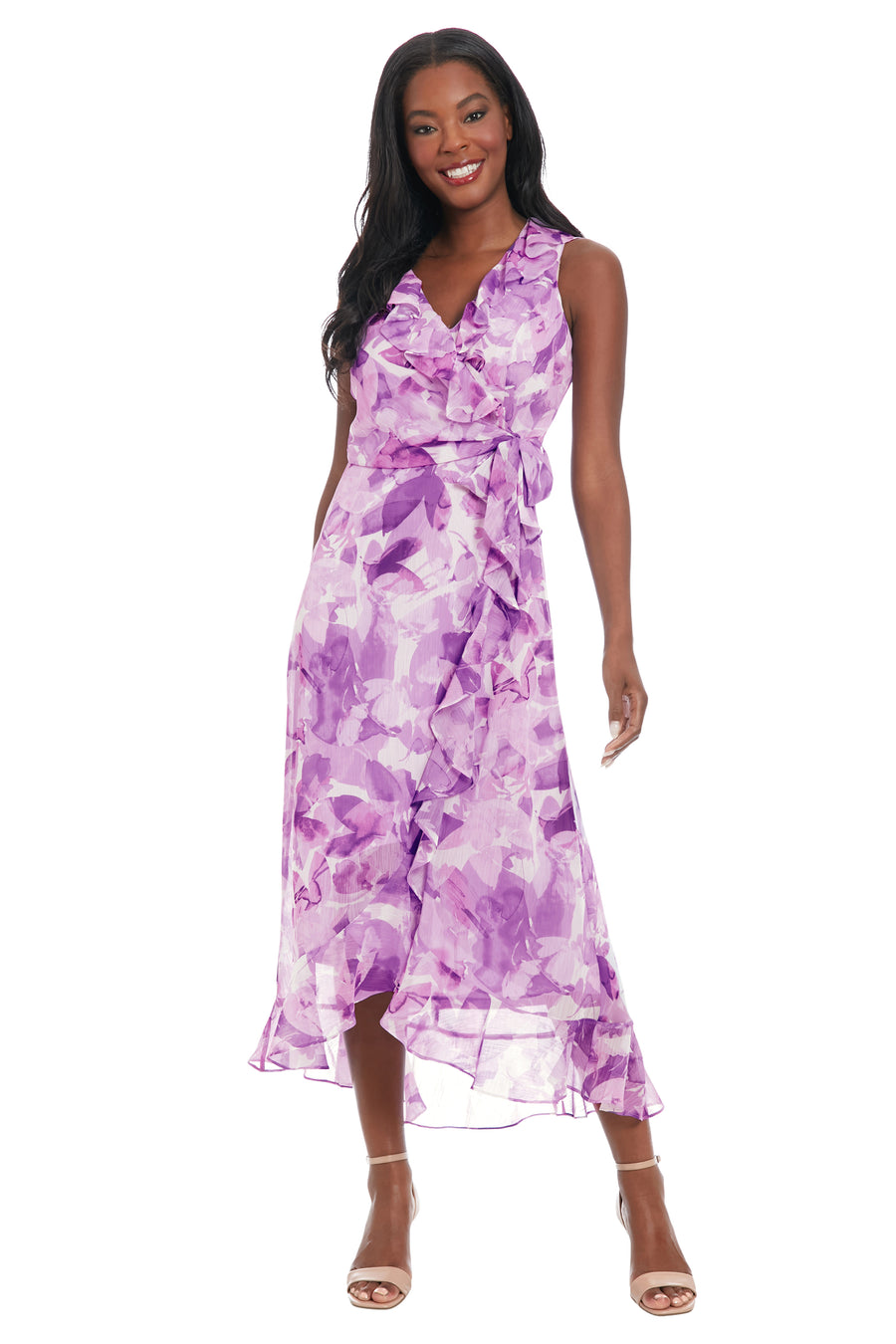 maggy london rosie ruched waist maxi dress London Times Women's Faux-Wrap Ruffle-Hem Maxi Dress - Blue Multi