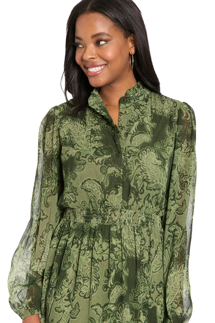 Lettie Long Sleeve Ruffle Neck Tiered Maxi Dress