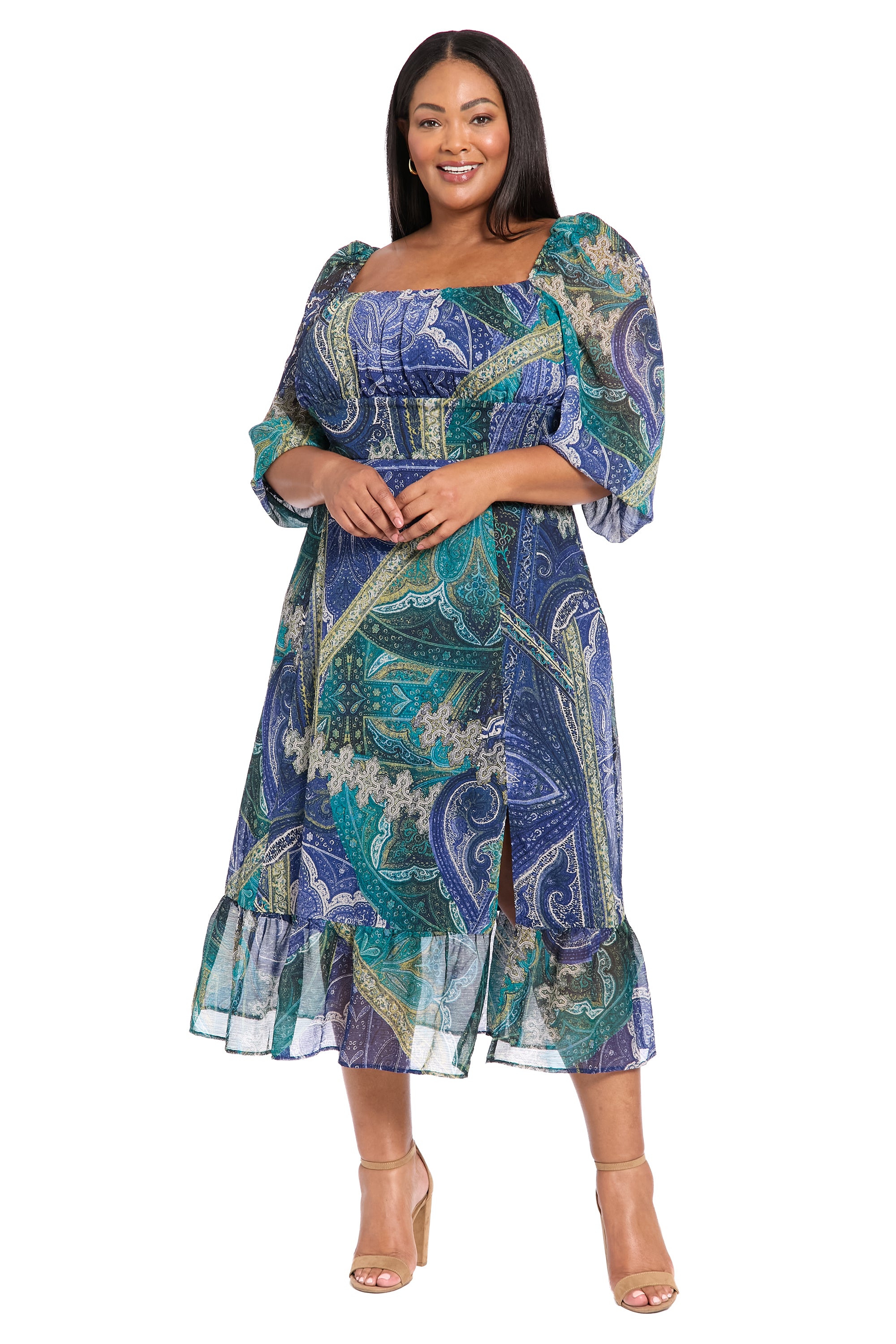 Kristin 3/4 Puff Sleeve Midi in Paisley Chiffon | London Times