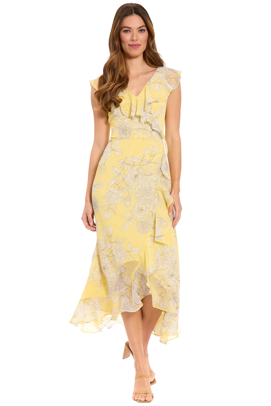 Alessandra Ruffle Faux Wrap Dress in Line Bloom