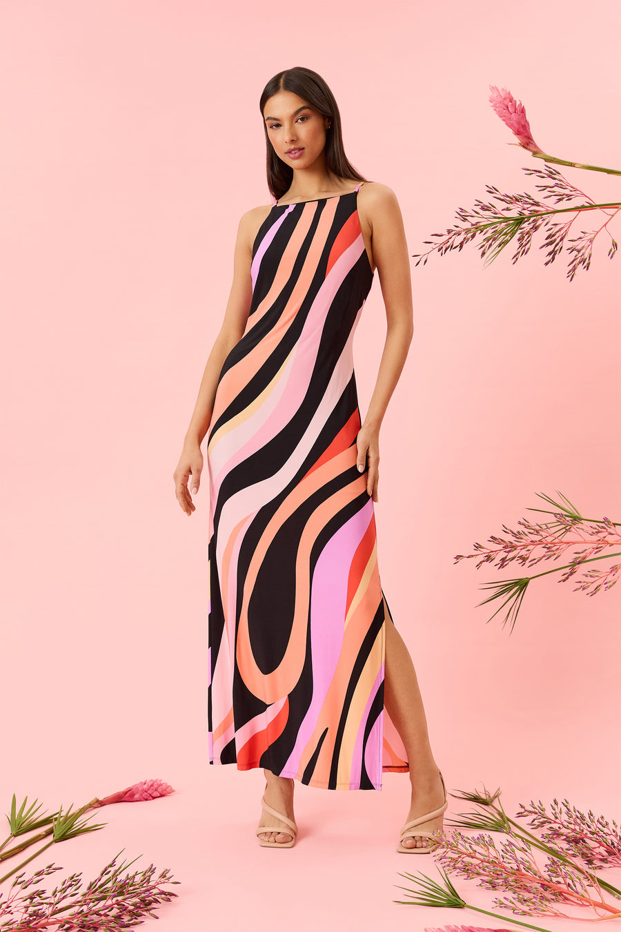 Donna Morgan Women's Printed Straight Neck Maxi Dress - Multi - Size S - Black/ Pink Donna Morgan Women's Printed Straight Neck Maxi Dress - Multi - Size S - Black/ Pink