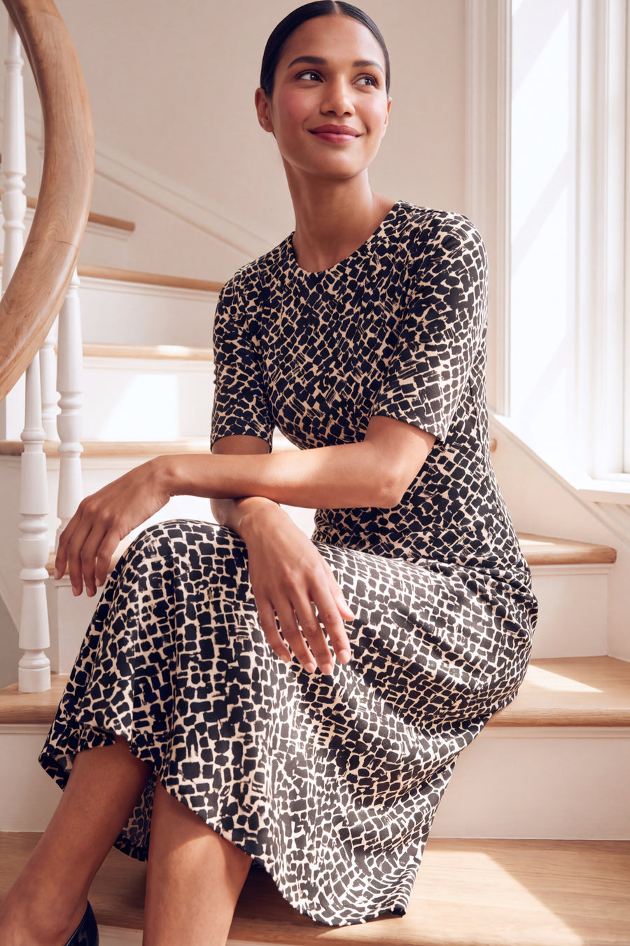 Ayanna Inset Waist Dress in Diagonal Bricks