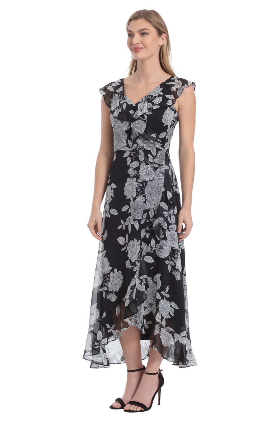 Alessandra Ruffle Faux Wrap Dress in Line Bloom A-Line | London Times Maggy London Alessandra Ruffle Faux Wrap Dress in Line Bloom A-Line | London Times Maggy London