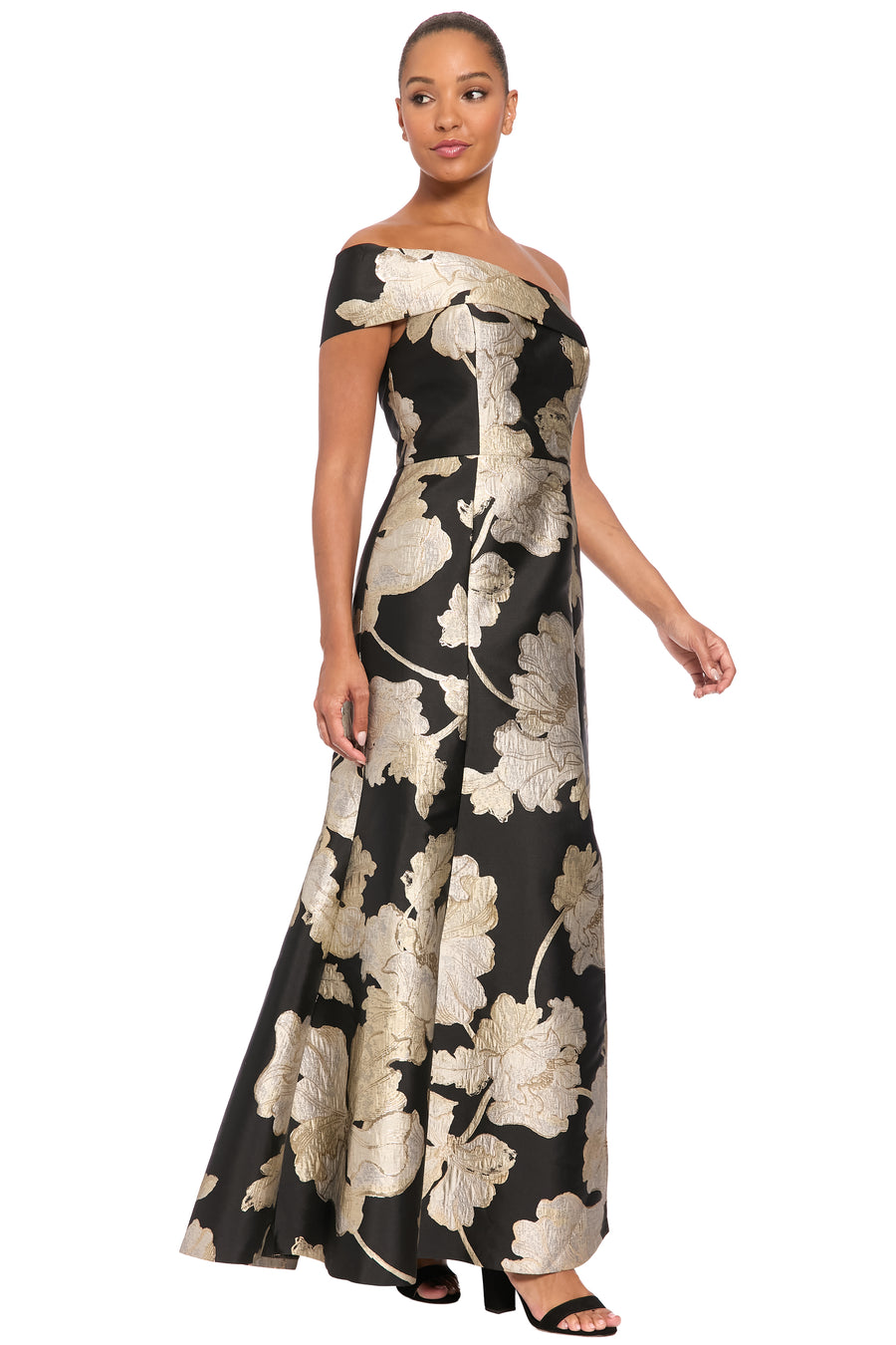 Reya Off the Shoulder Gown in Metallic Floral Jacquard