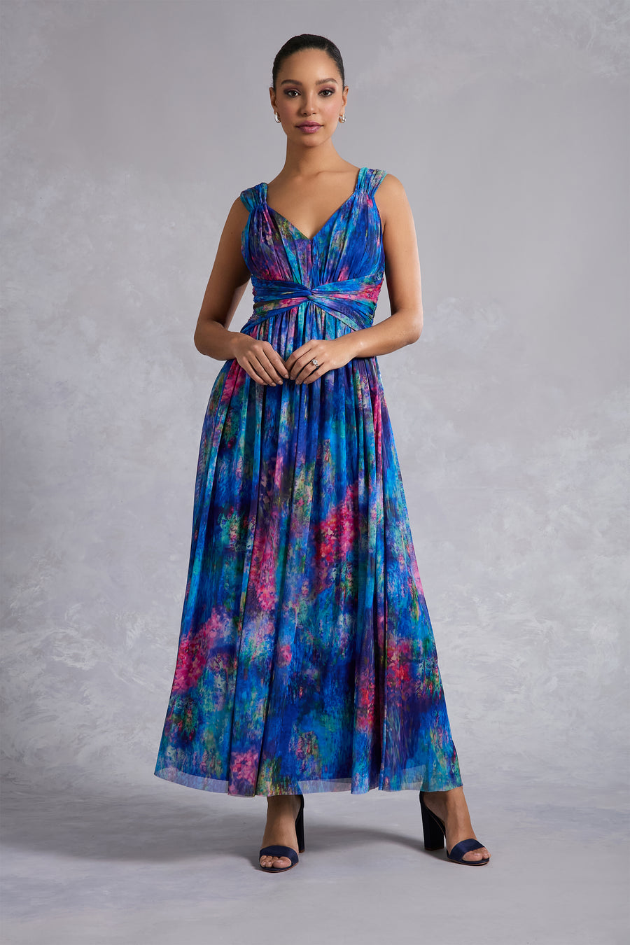 Elodie Twist Front V-Neck Mesh Maxi