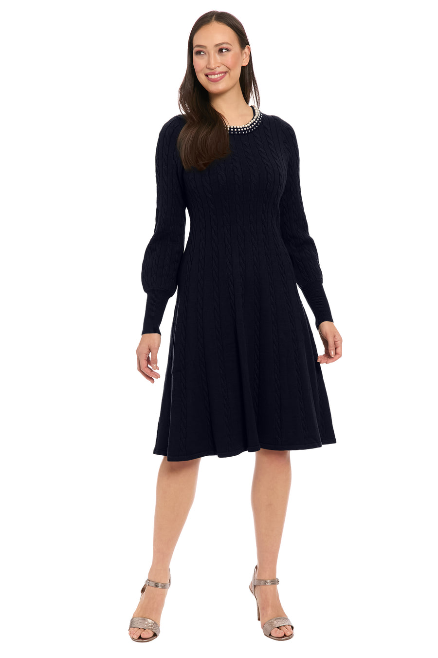 London Times Women's Pearl Neck Cable KNIT Sweater DRESS, Navy Blue, Medium London Times Women's Pearl Neck Cable KNIT Sweater DRESS, Navy Blue, Medium