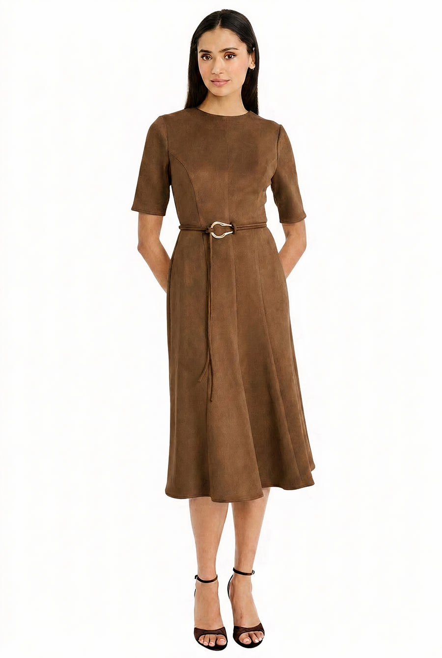 Elea Elbow Sleeve Midi Dress with Belt in Suede