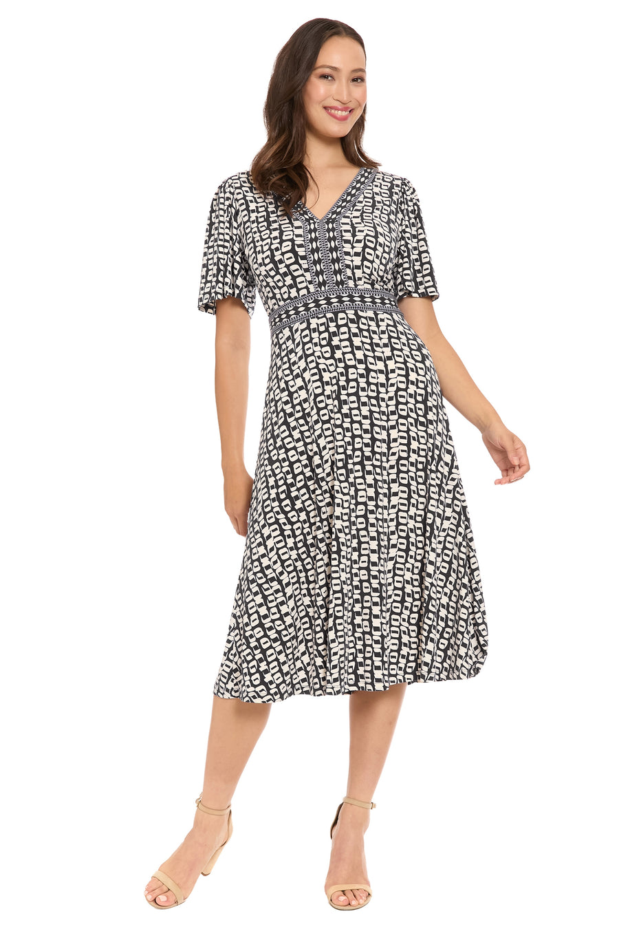 London Times Women's Framed V-Neck Flutter-Sleeve Flare Dress - Black/Ivory - Size L London Times Women's Framed V-Neck Flutter-Sleeve Flare Dress - Black/Ivory - Size L