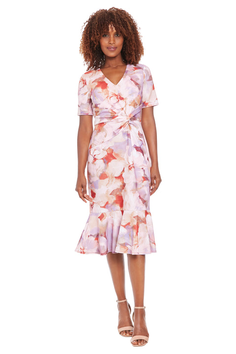 London Times Women's Elegant MIDI V-Neck Short Sleeve Twist Waist Flounce Hem-Special Occasion Cocktail Dresses