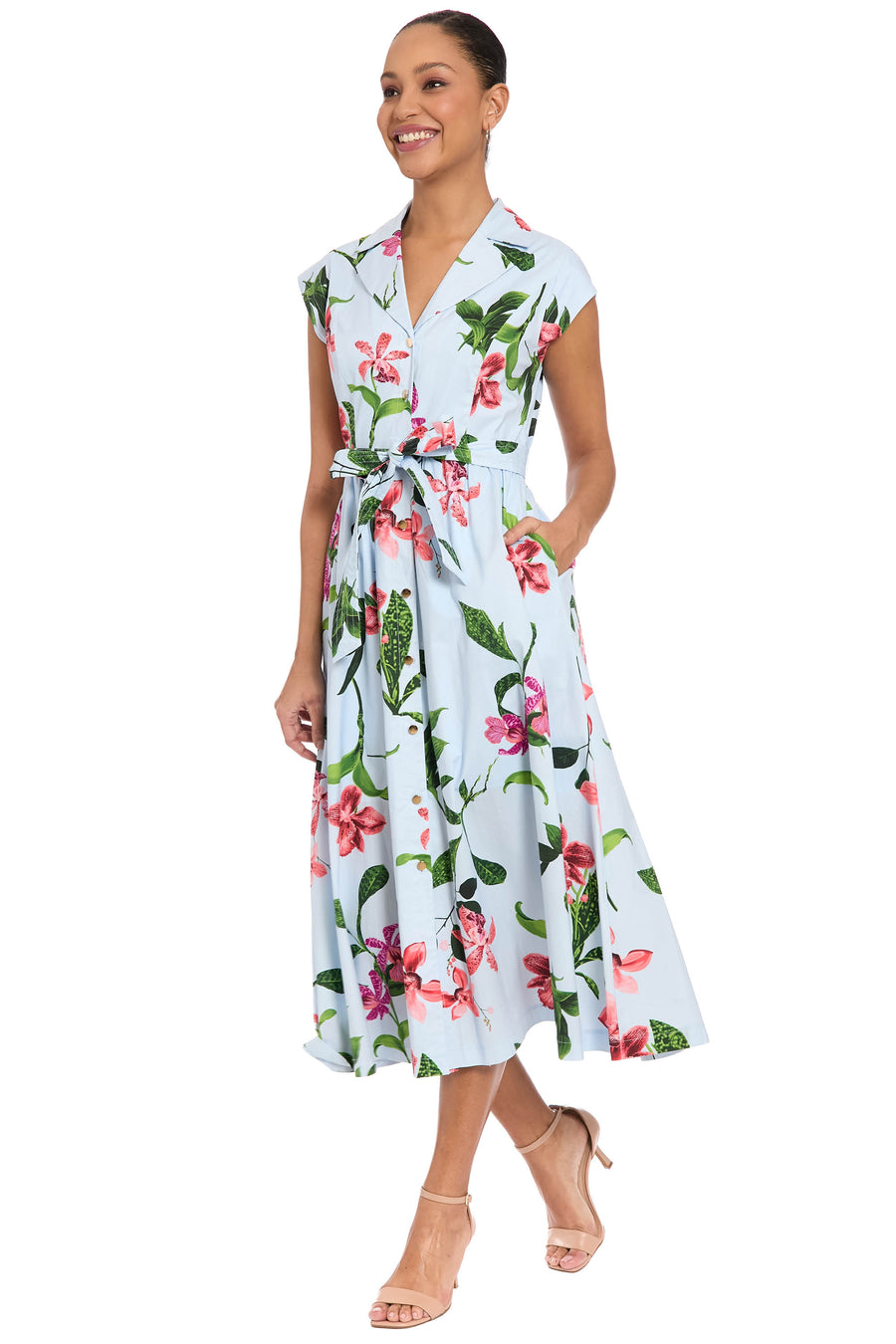 London Times Women's Floral Print Belted Midi Shirtdress - White - Casual dresses London Times Women's Floral Print Belted Midi Shirtdress - White - Casual dresses