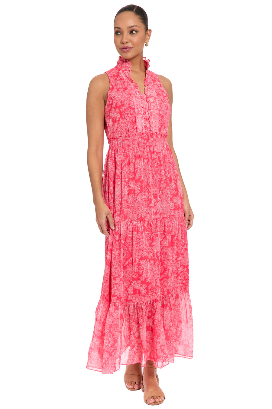 Brooke Ruffle Neck Smocked Maxi in Monotone Garden
