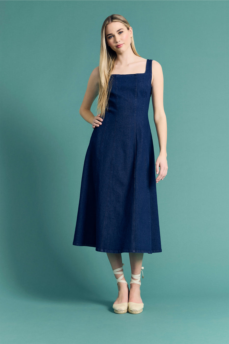 Arielle Cotton Stretch Square Neck Denim Midi