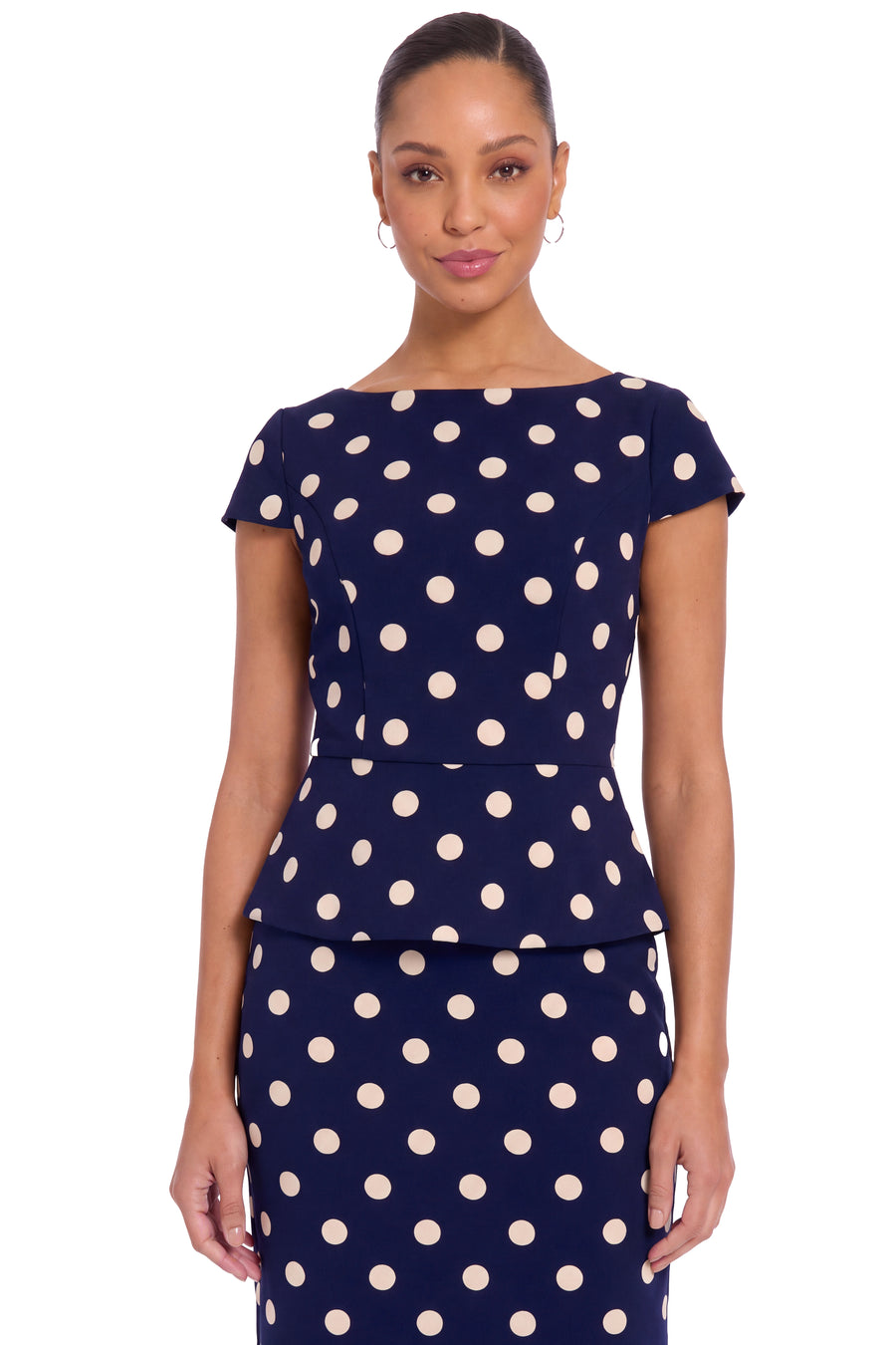 Nadya Cap Sleeve Peplum Sheath in Quarter Dots