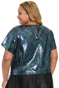 Roosevelt Sequined Plaid Short Sleeve Party Top