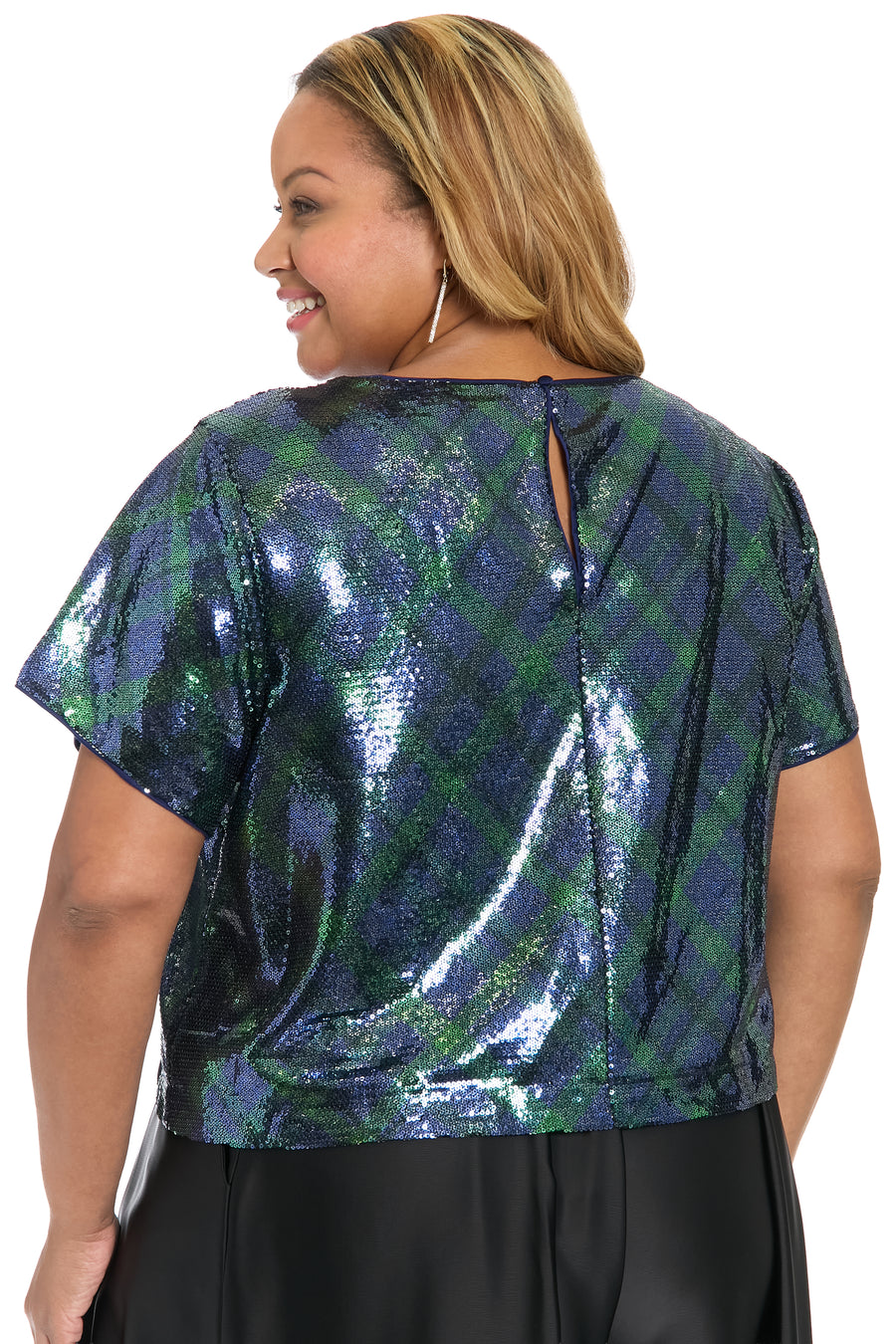 Roosevelt Sequined Plaid Short Sleeve Party Top