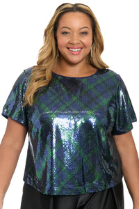 Roosevelt Sequined Plaid Short Sleeve Party Top