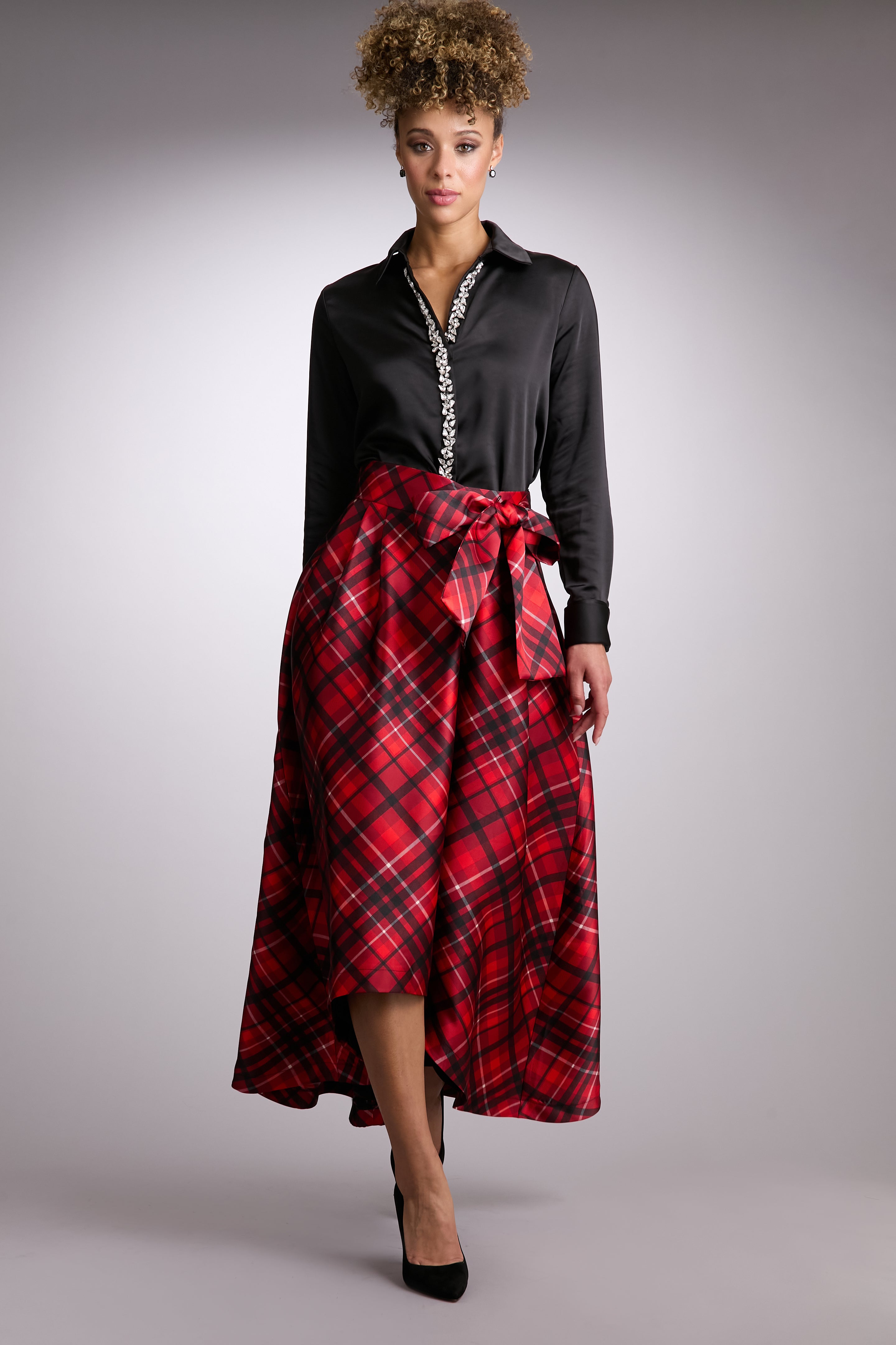Roosevelt Voluminous Plaid Tie-Front Skirt Maxi | Muse by Maggy London