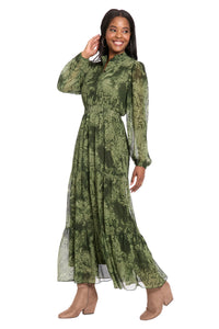 Lettie Long Sleeve Ruffle Neck Tiered Maxi Dress