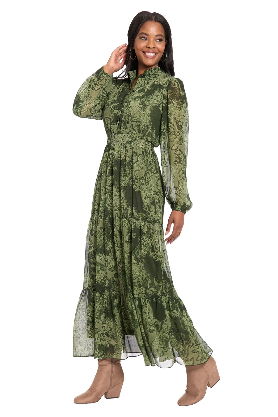 Lettie Long Sleeve Ruffle Neck Tiered Maxi Dress