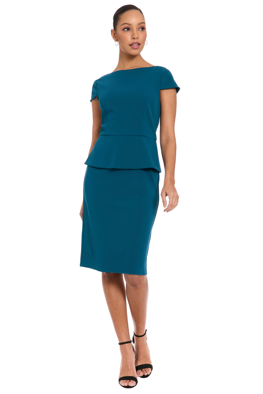 Nadya Cap Sleeve Peplum Sheath in Scuba Crepe