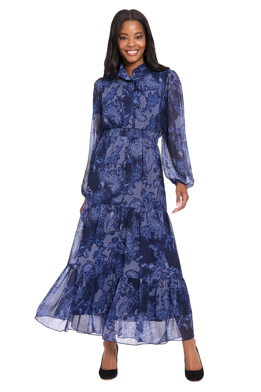 Lettie Long Sleeve Ruffle Neck Tiered Maxi Dress