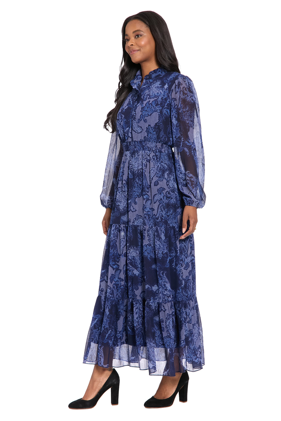 Lettie Long Sleeve Ruffle Neck Tiered Maxi Dress