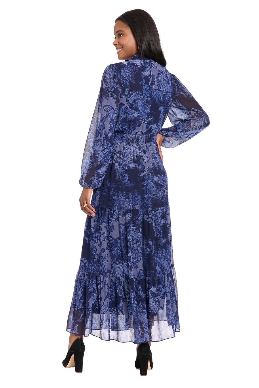 Lettie Long Sleeve Ruffle Neck Tiered Maxi Dress