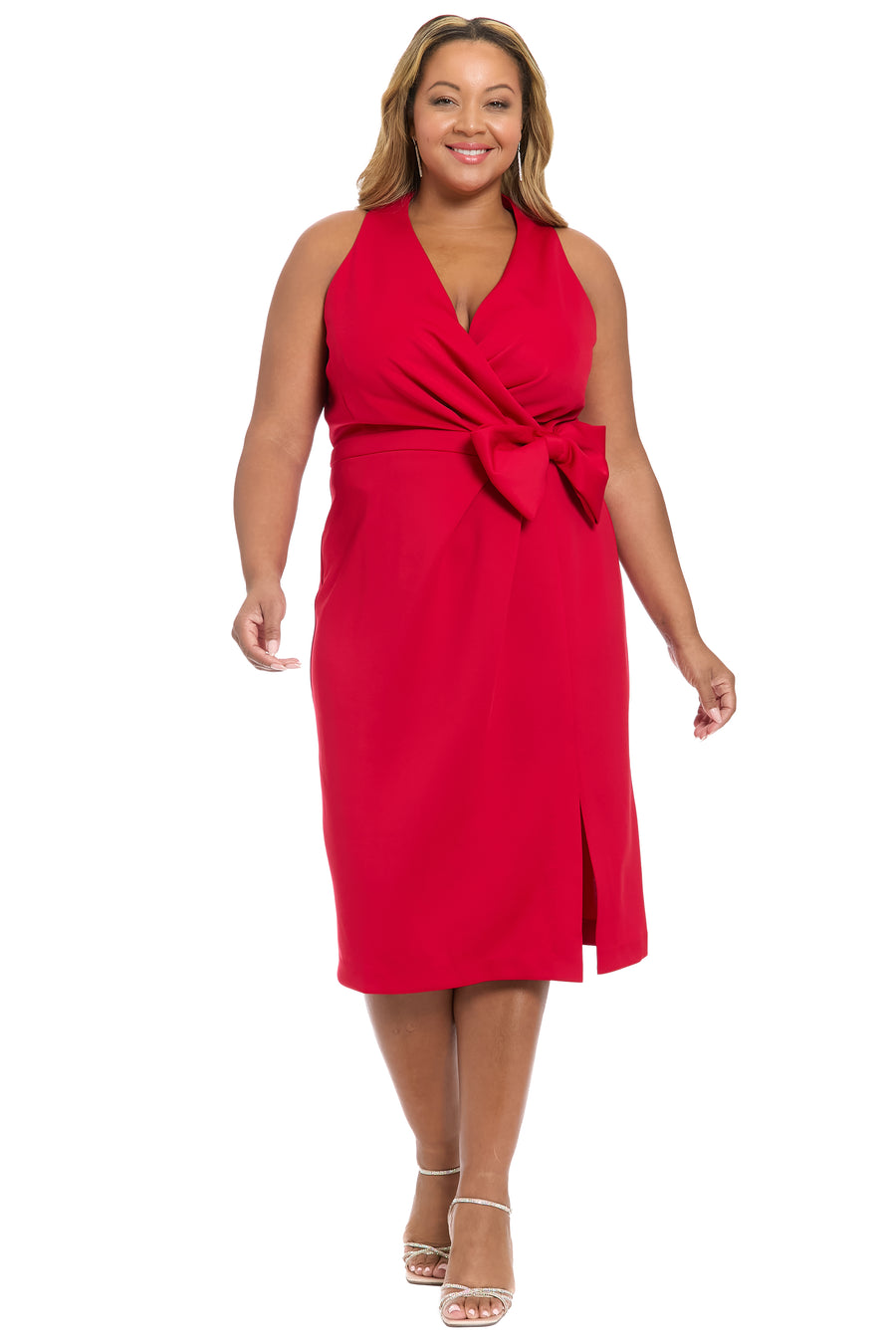 Isadora Wrap Style Midi Dress A-Line Sleeveless | London Times CHARMING RED / Standard / 18 Isadora Wrap Style Midi Dress A-Line Sleeveless | London Times CHARMING RED / Standard / 18