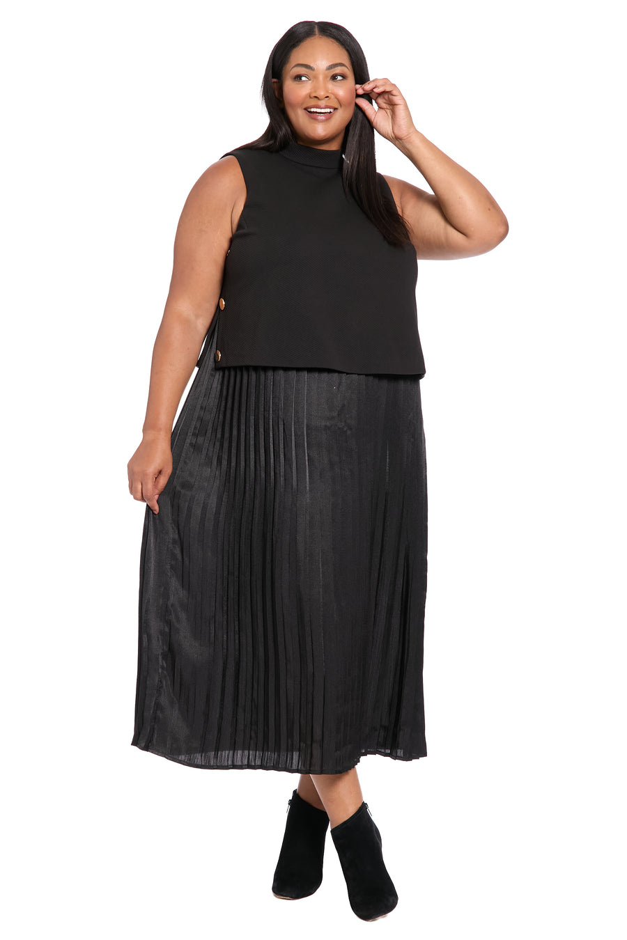 London Times Women's Button Pleated Skirt A-Line Dress - Black - Casual dresses London Times Women's Button Pleated Skirt A-Line Dress - Black - Casual dresses