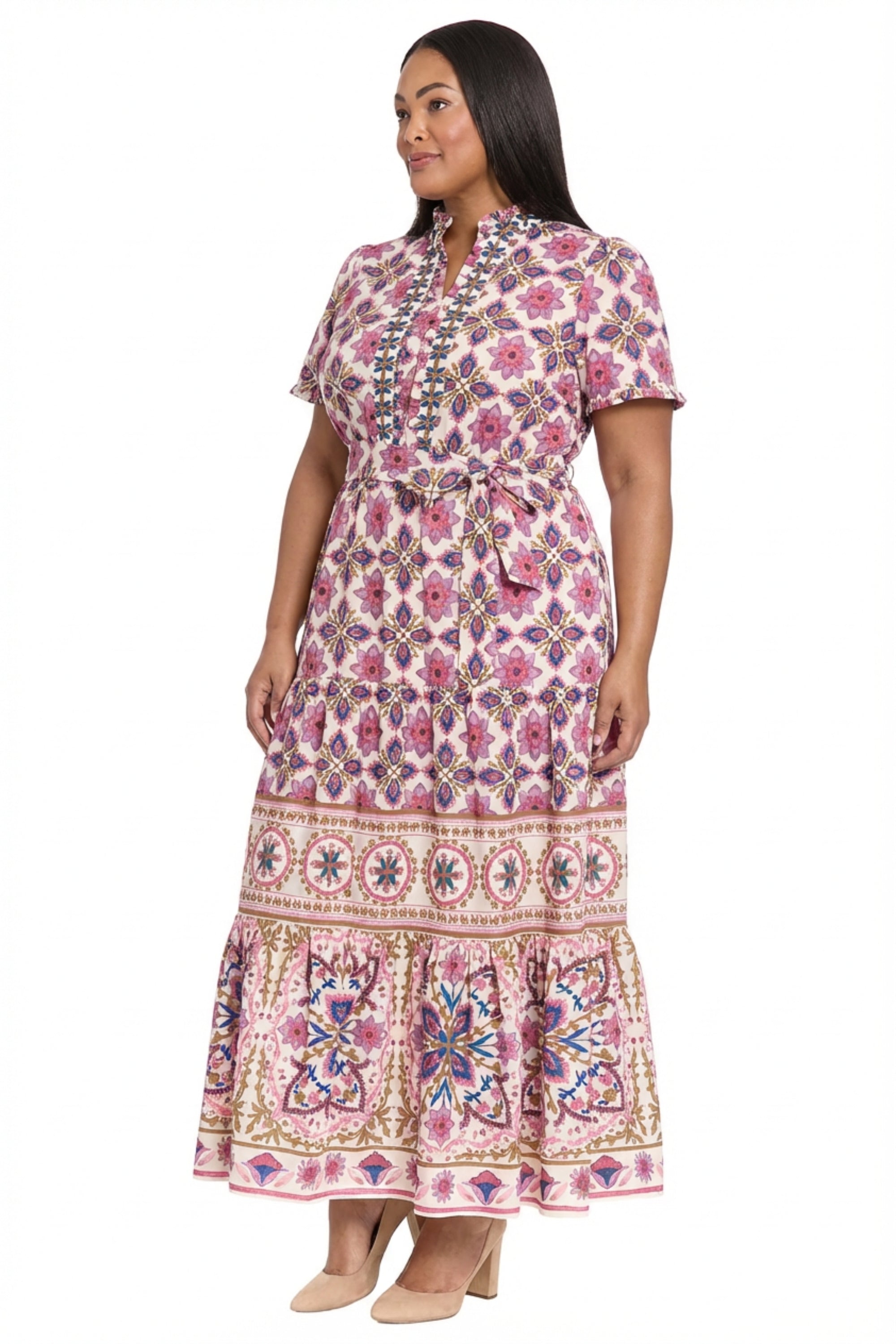 Mackenzie Elbow Sleeve TIered Maxi in Tiles Medallion – Maggy London