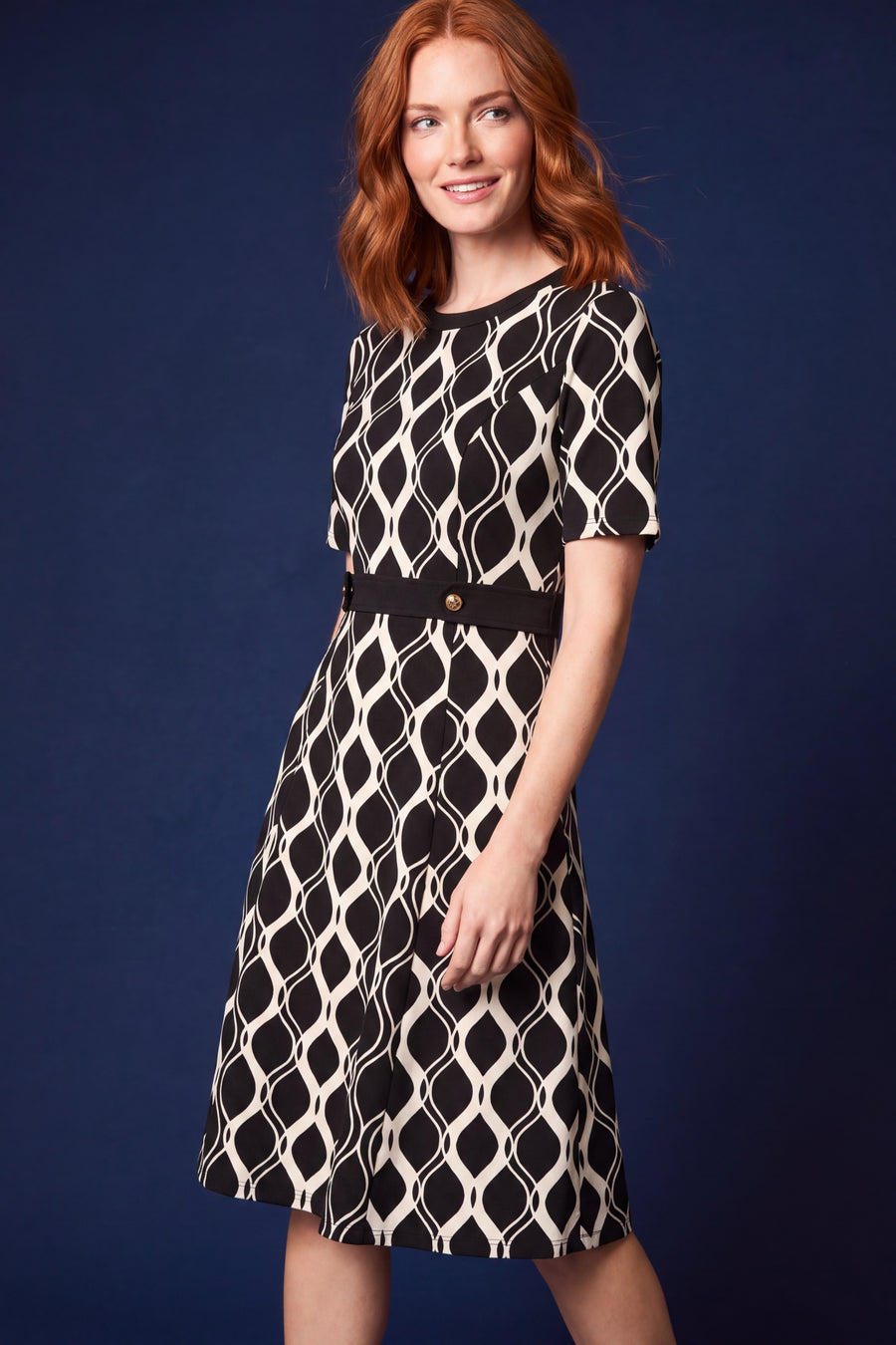 Enola Geometric Print Belted Midi Dress