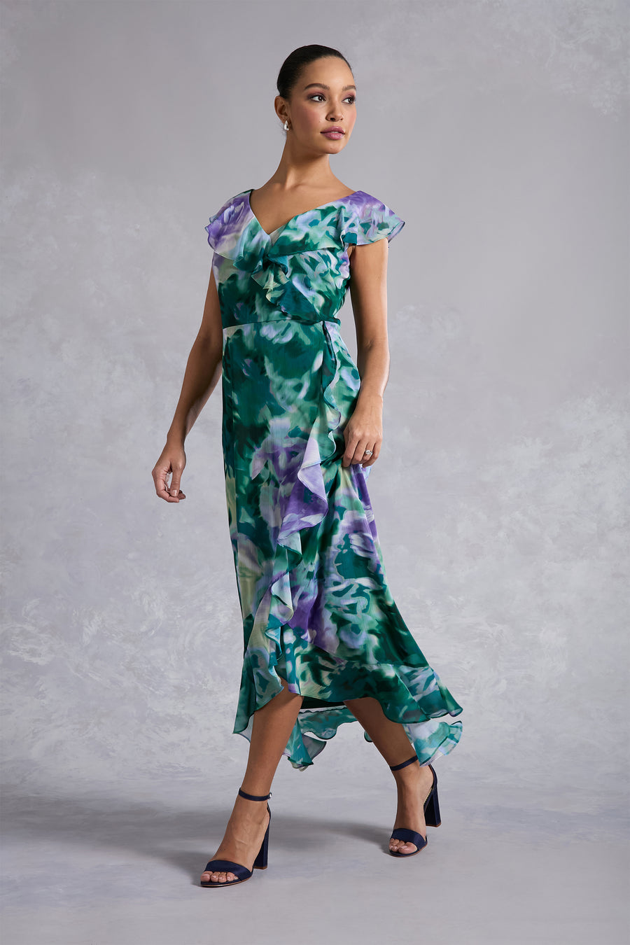 floral ruched chiffon faux wrap dress Floral Ruched Chiffon Faux Wrap Dress