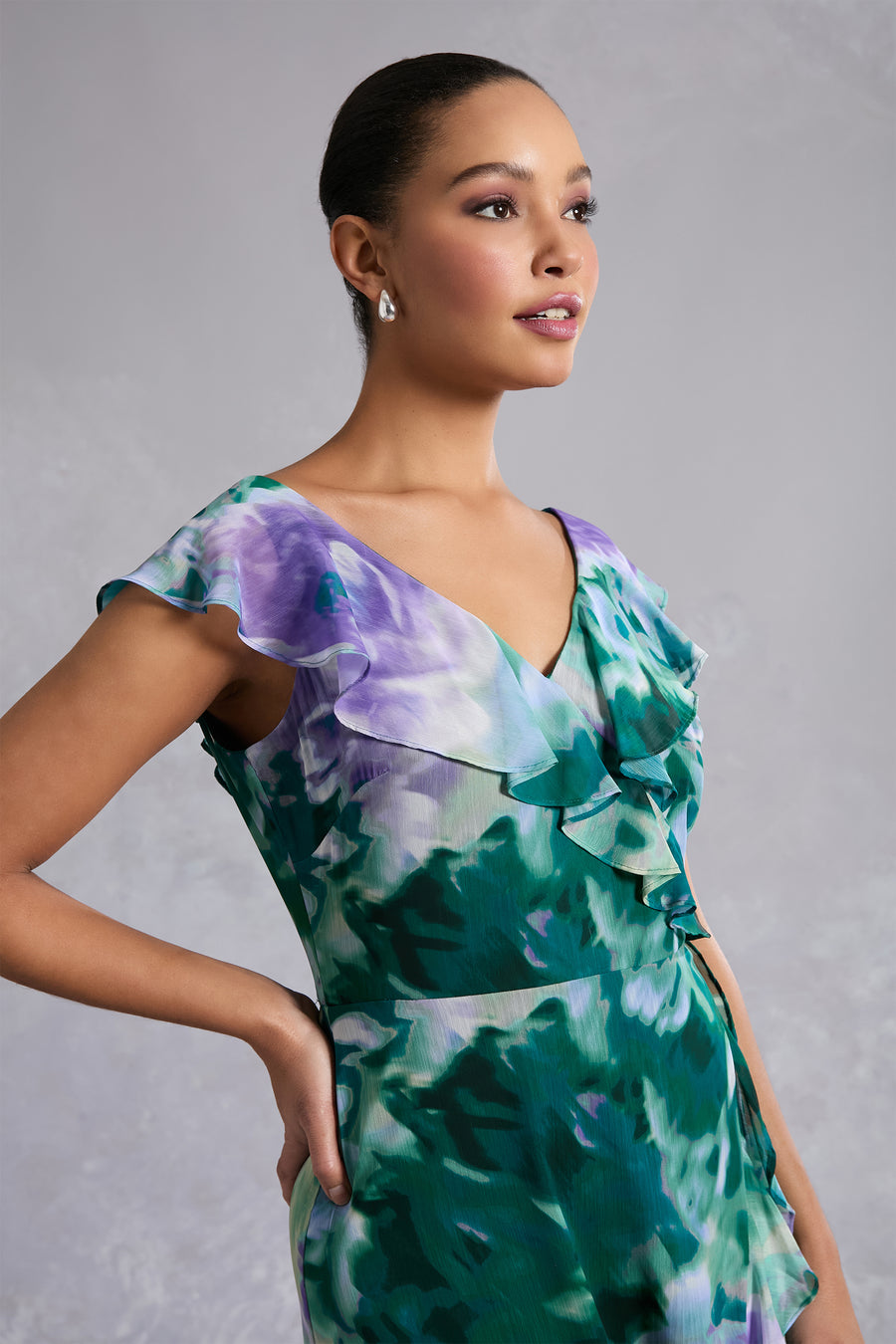 Alessandra Ruffle Faux Wrap Dress in Impressionist Flor | London Times ORCHID/TEAL / Standard / 2 Alessandra Ruffle Faux Wrap Dress in Impressionist Flor | London Times ORCHID/TEAL / Standard / 2