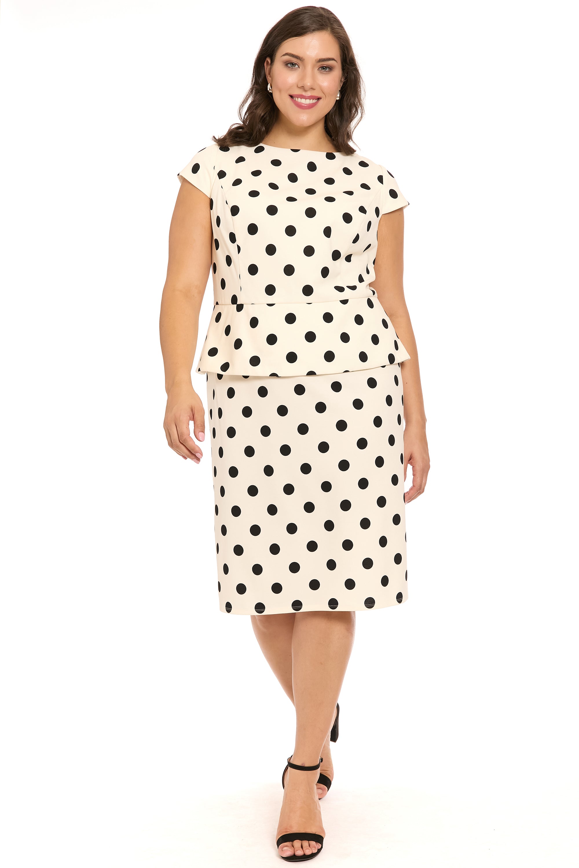 Nadya Cap Sleeve Peplum Sheath in Quarter Dots | London Times