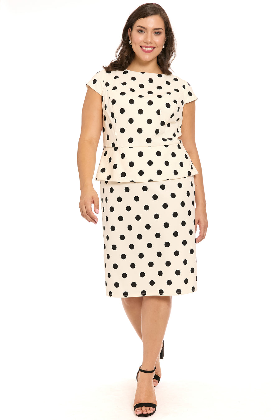 Nadya Cap Sleeve Peplum Sheath in Quarter Dots