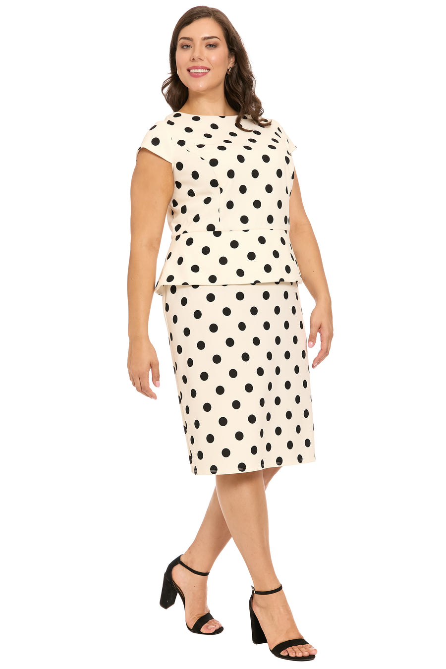 Nadya Cap Sleeve Peplum Sheath in Quarter Dots