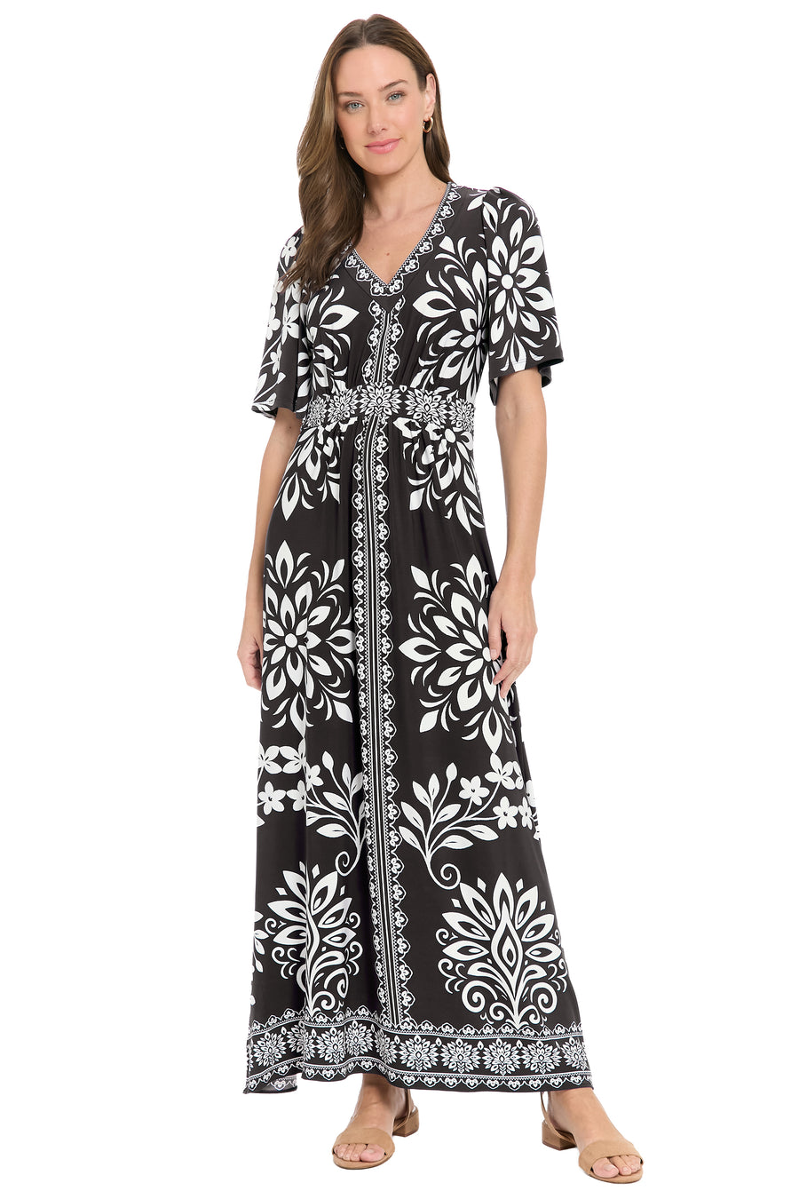 McKay Flutter Sleeve Maxi in Floral Medallion A-Line | London Times Maggy London McKay Flutter Sleeve Maxi in Floral Medallion A-Line | London Times Maggy London