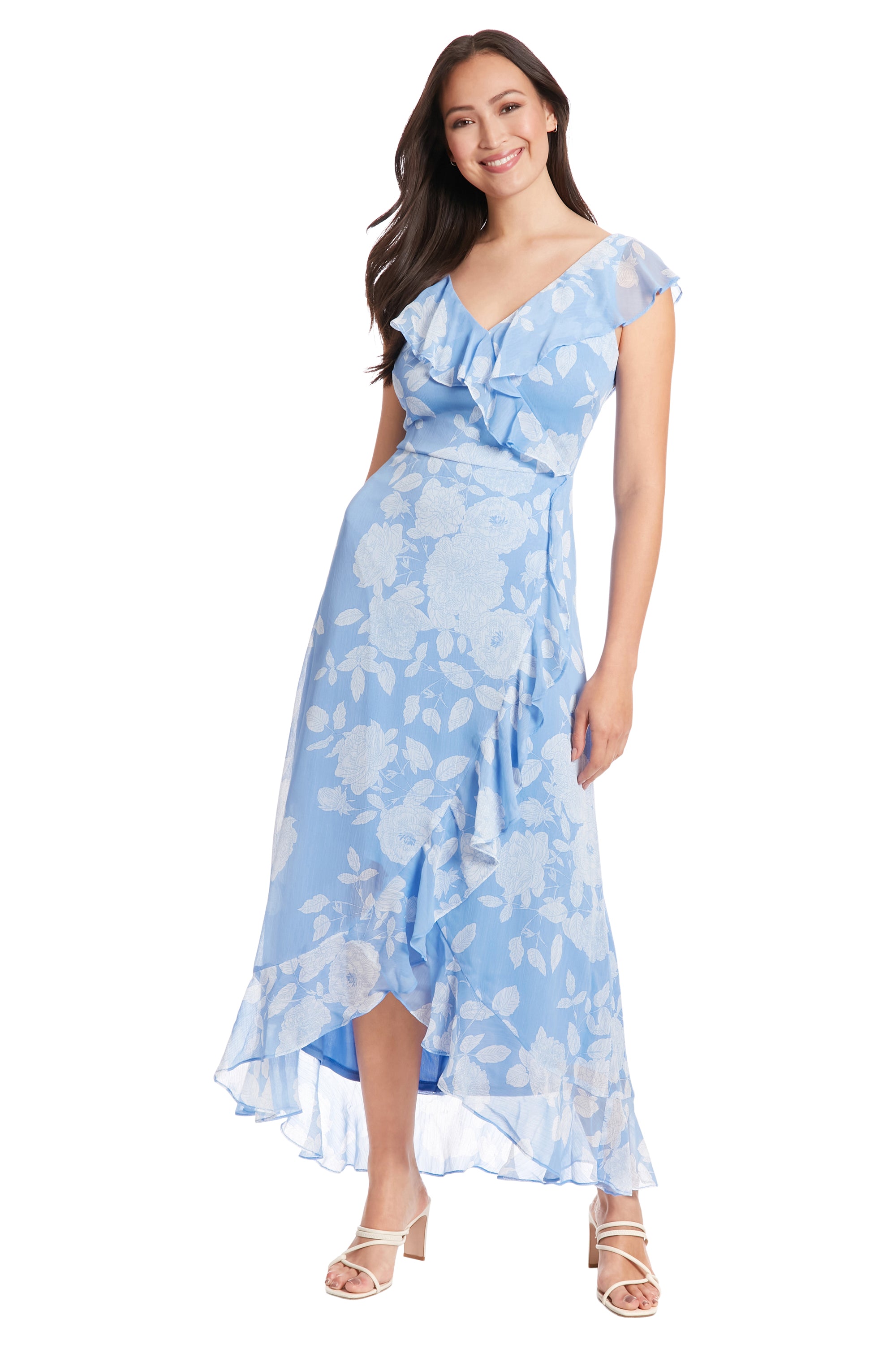 Sienna Sky Womens Dress Small Blue Floral Fit and Flare V-Neck