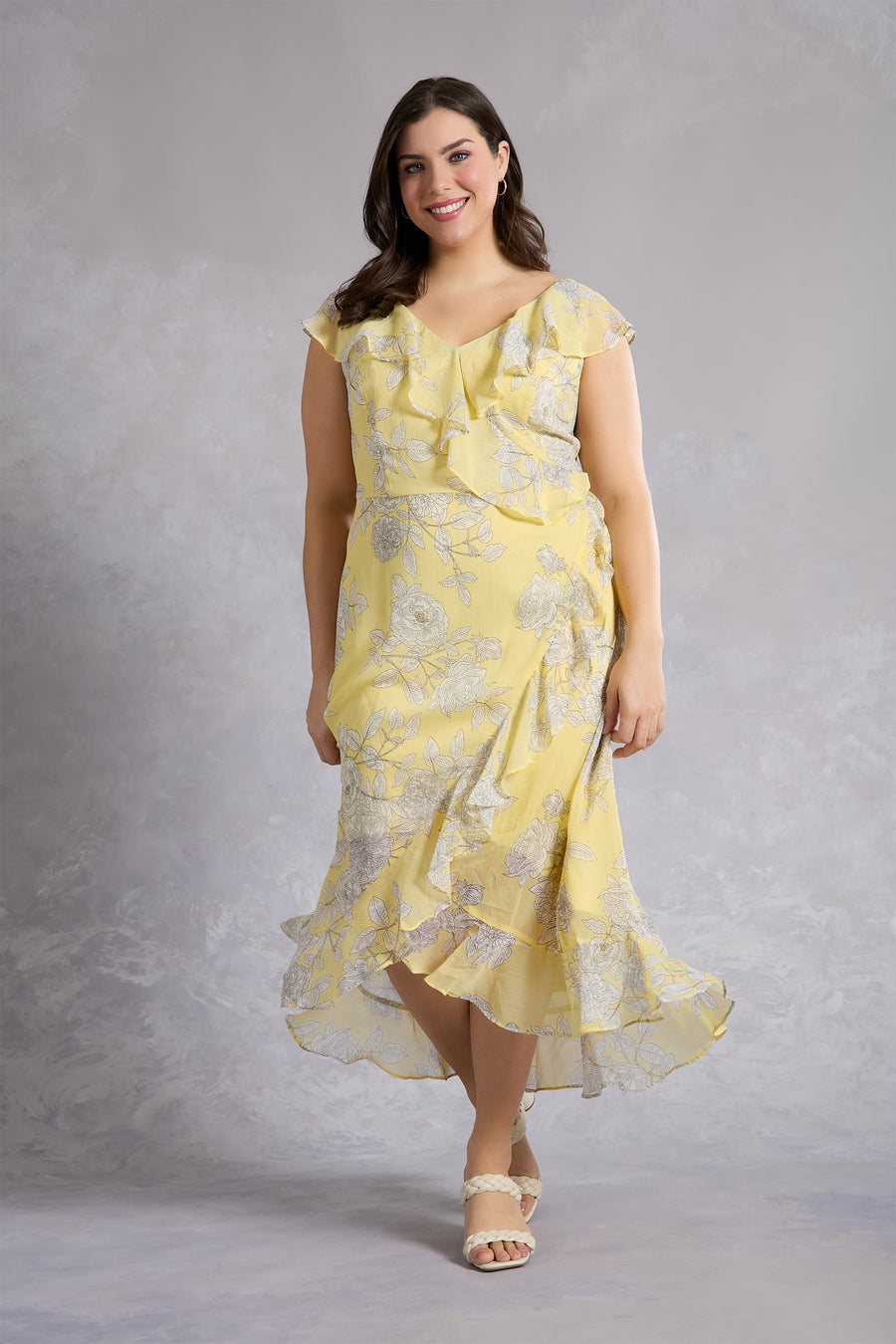 Alessandra Ruffle Faux Wrap Dress in Line Bloom