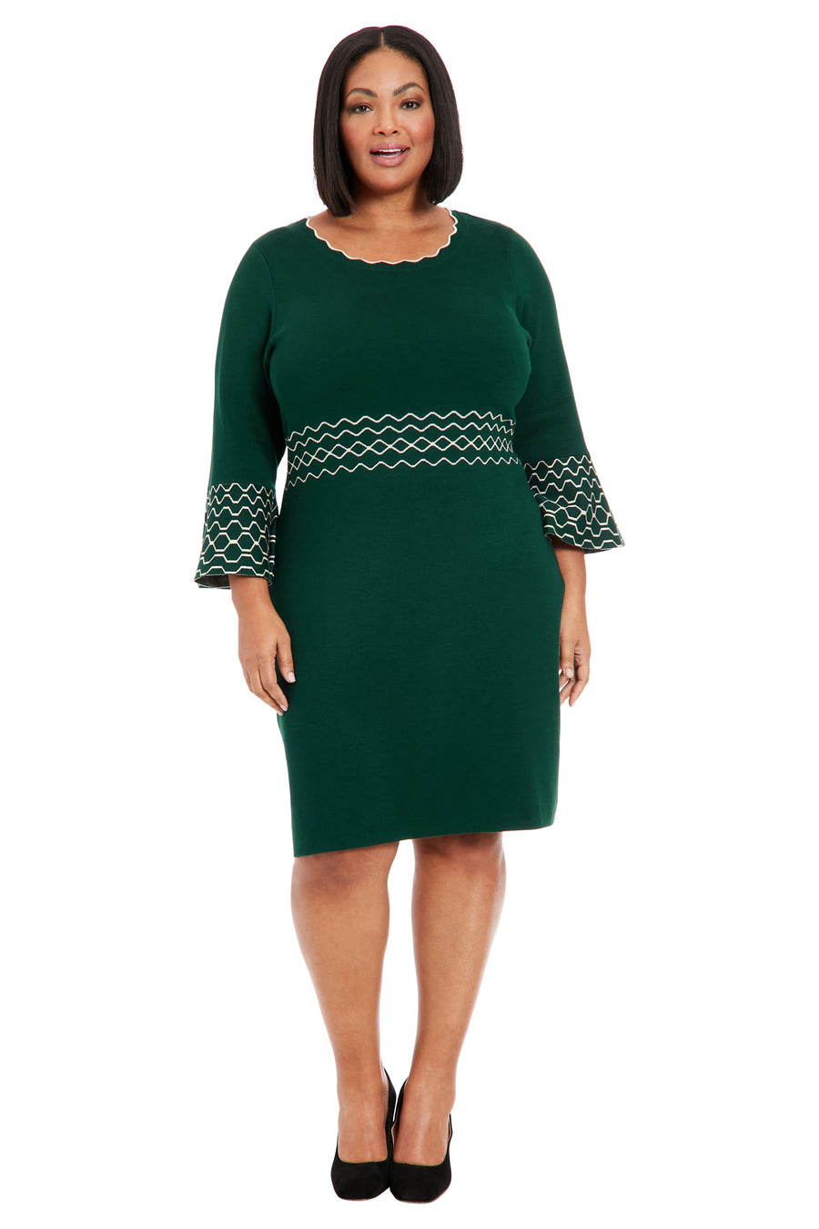 London Times Women's Contrast-Stitch Bell-Sleeve Sweater Dress - Ivory - Size S London Times Women's Contrast-Stitch Bell-Sleeve Sweater Dress - Ivory - Size S