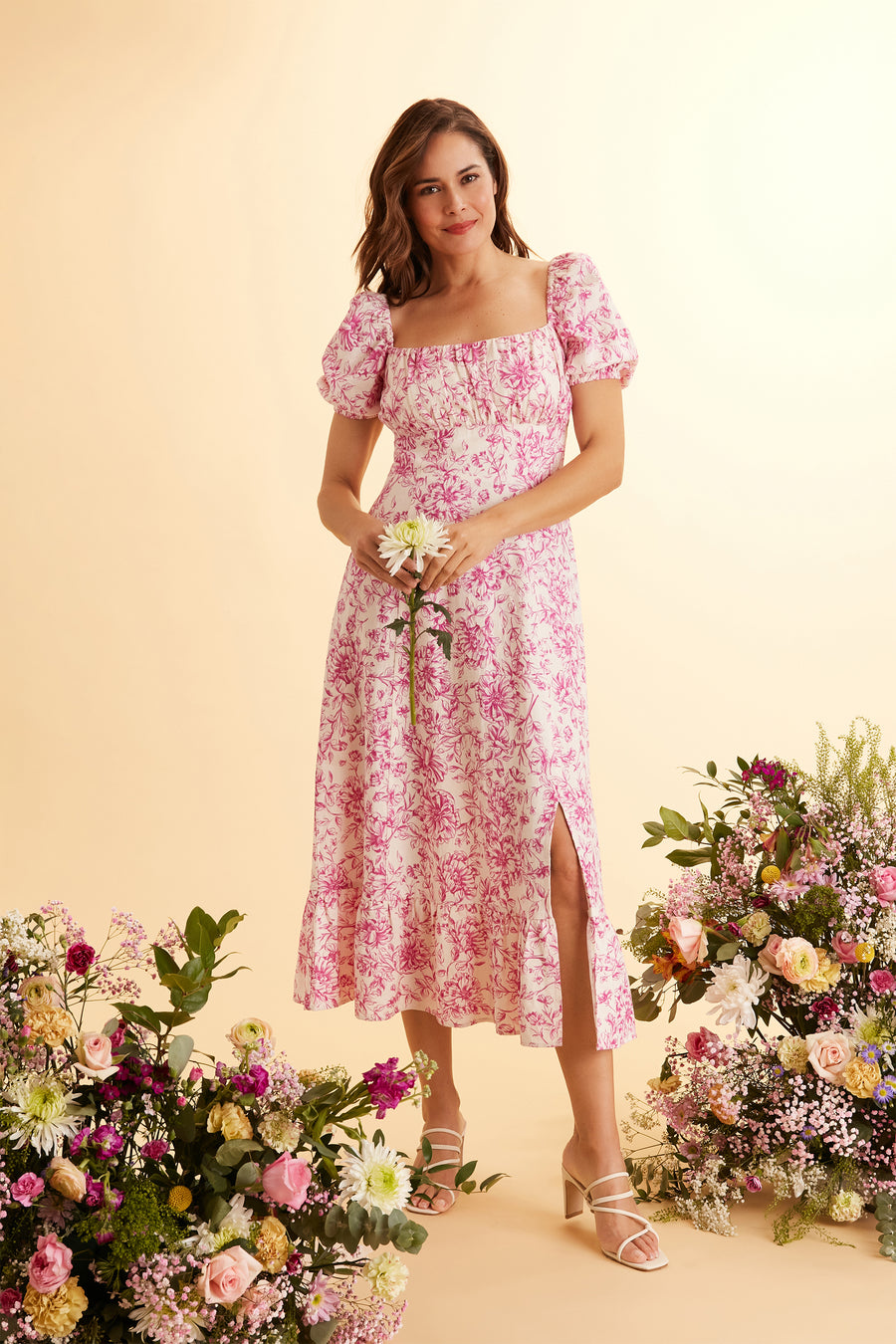 editorial cover floral maxi dress London Times Puff Sleeve Linen-Blend Midi Dress editorial cover floral maxi dress London Times Puff Sleeve Linen-Blend Midi Dress