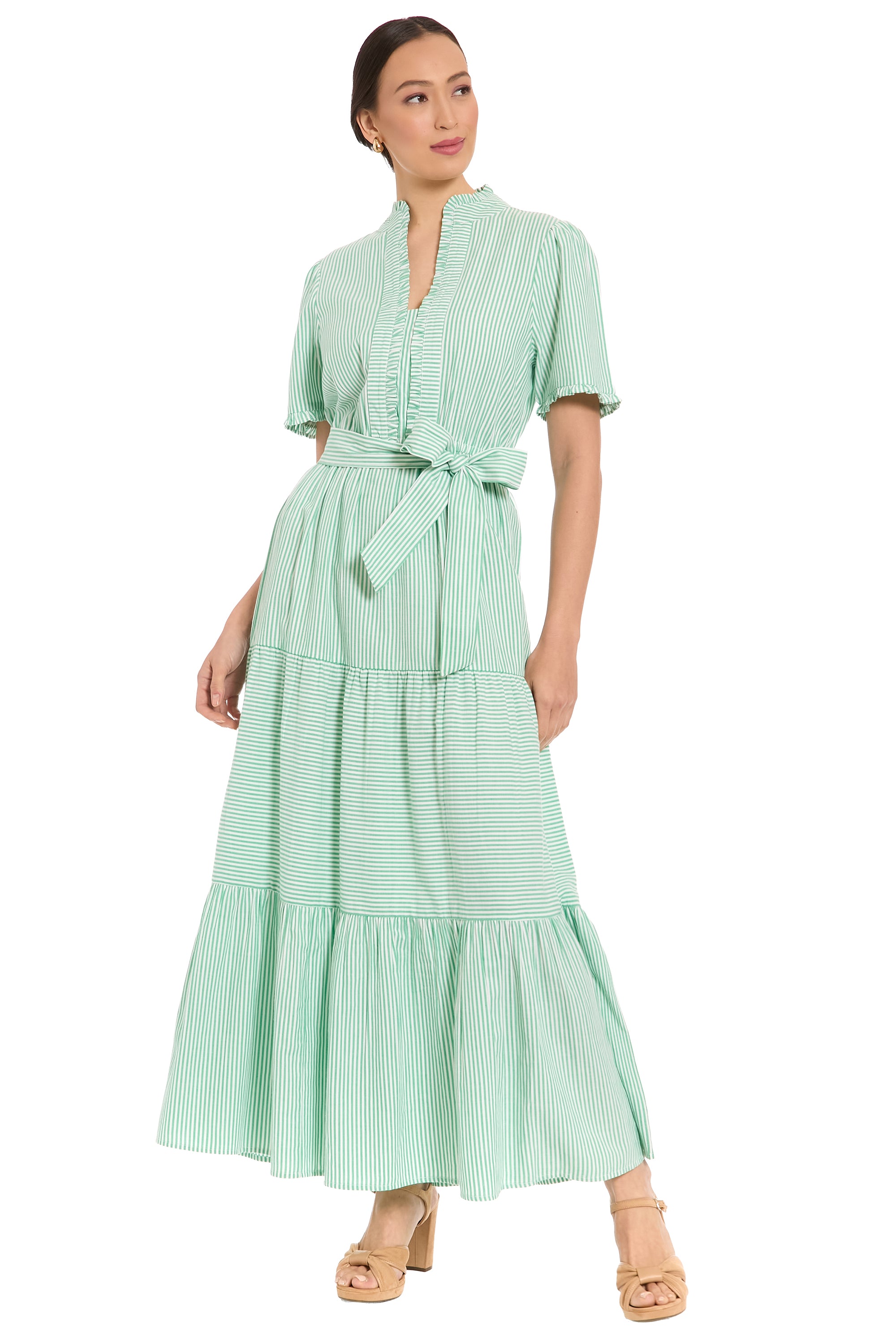 Ruffle Neck Tiered Maxi with Sash – Maggy London