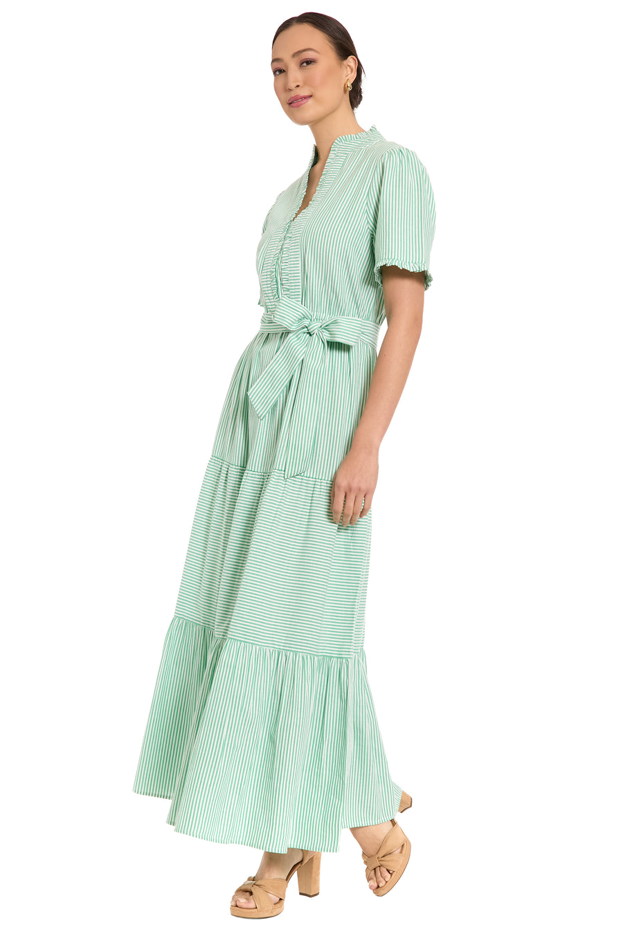 London Times Petite Fit & Flare Slit Neck Tiered Maxi Dress - Green/White London Times Petite Fit & Flare Slit Neck Tiered Maxi Dress - Green/White
