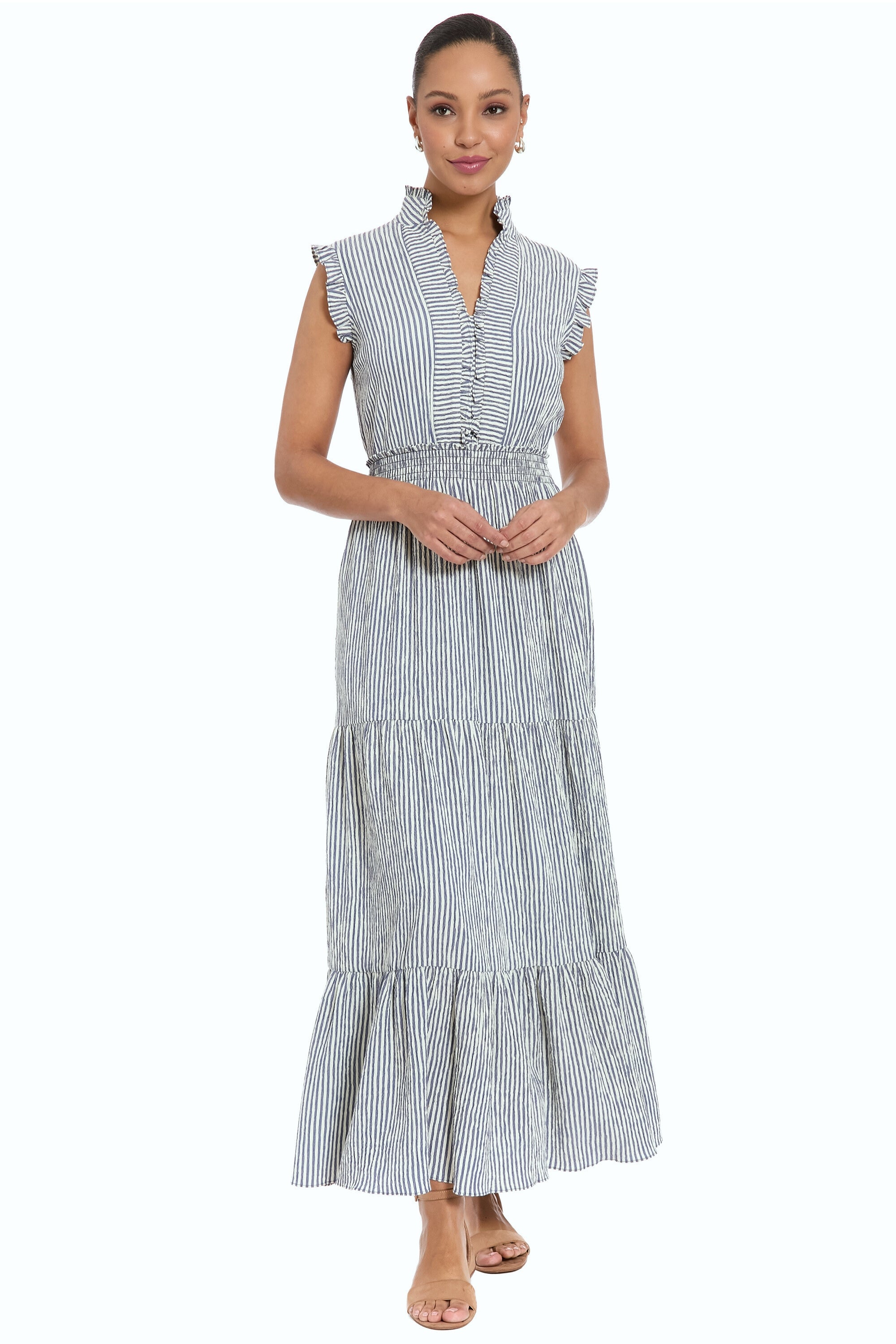 Smocked Waist Ruffle Collared Tiered Maxi Dress, Ruffle Collared