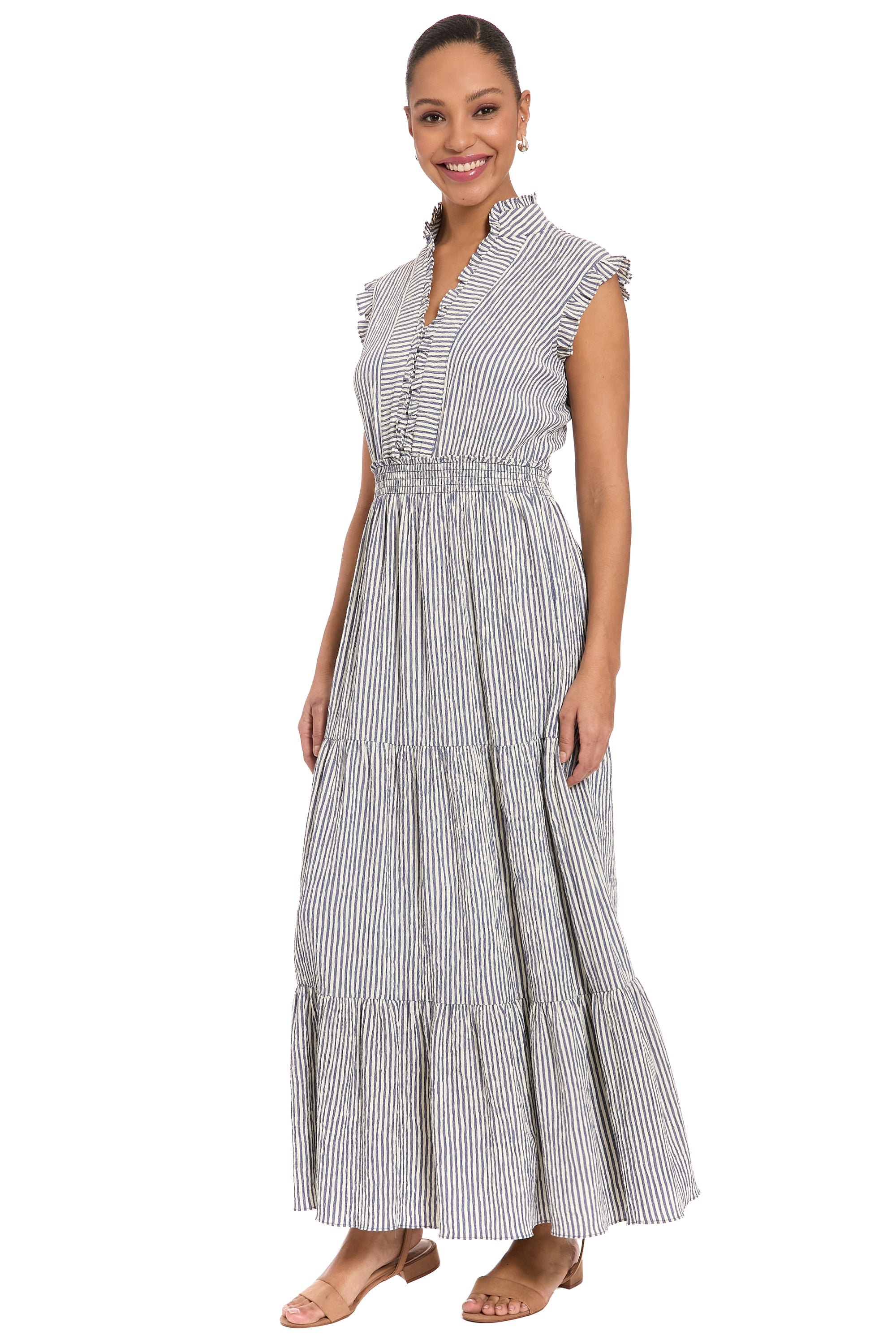 Smocked Waist Ruffle Collared Tiered Maxi Dress, Ruffle Collared