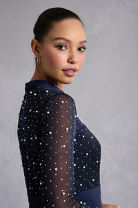 Laurenda Beaded Pearl Illusion Mesh Dress