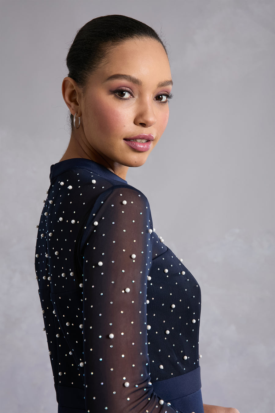 Laurenda Beaded Pearl Illusion Mesh Dress