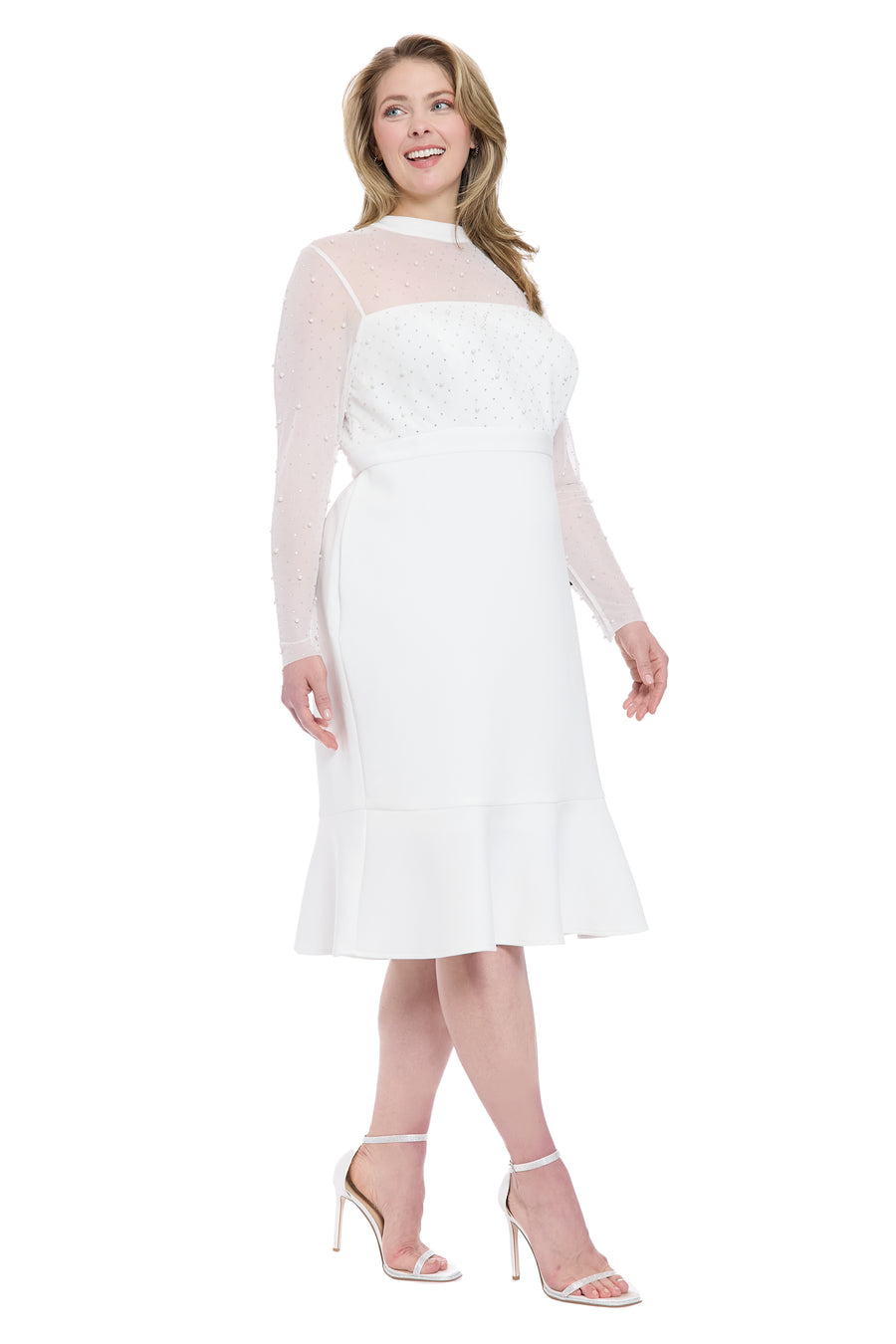 Laurenda Beaded Pearl Illusion Mesh Dress